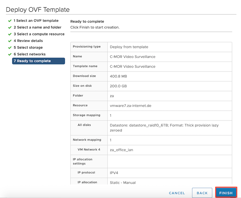 Deploy OVF Template confirm final settings