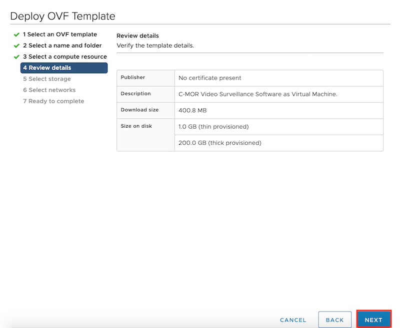 Deploy OVF Template confirm settings