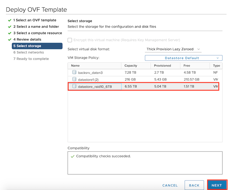 Deploy OVF Template select storage