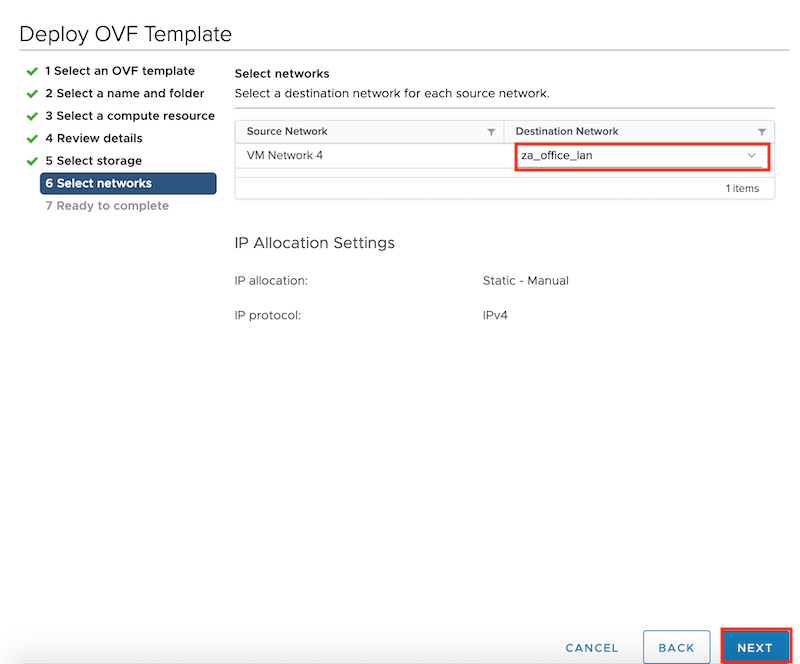 Deploy OVF Template select vmware network