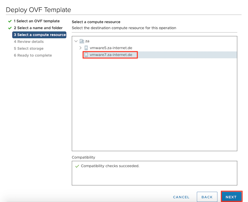Deploy OVF Template select computer ressource