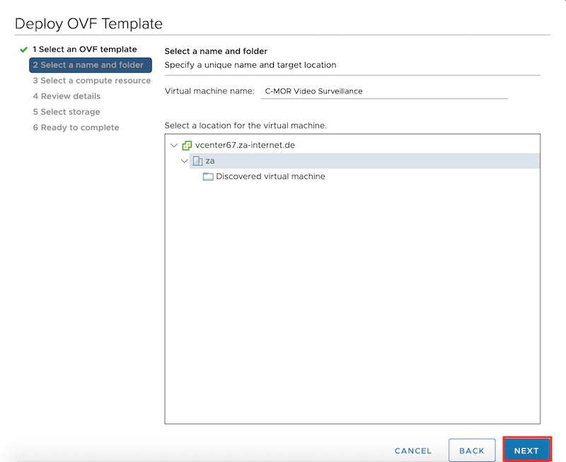 VMware Deploy OVF Template select name folder