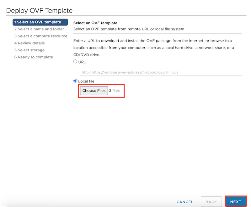 Deploy OVF template 3 files selected click Next