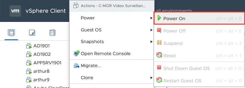 Power on C-MOR in VMware vCenter