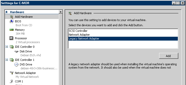 Legacy Network Adapter for HyperV